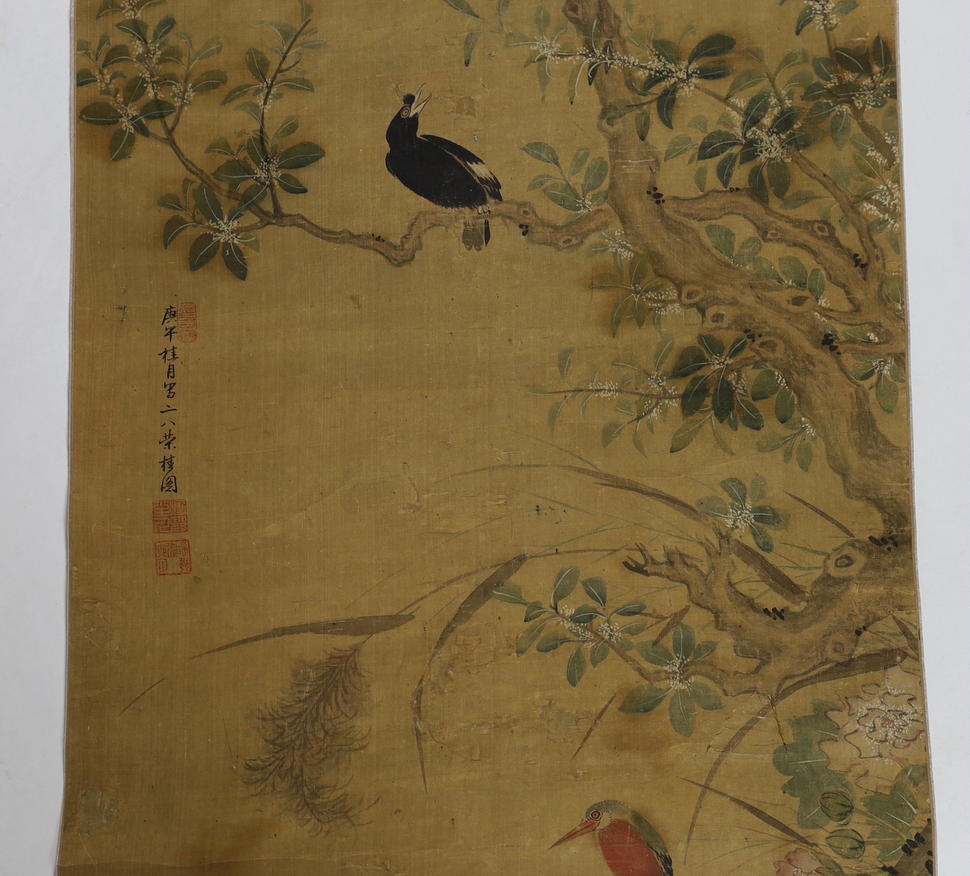 A Chinese scroll painting on silk of birds, rockwork and plants overhanging a pond, 19th century, image 164.5cm x 50.5cm